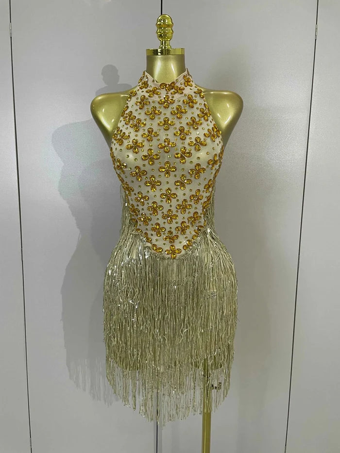Aaliyah Gold Diamond Mesh Tassel Bodycon Mini Dress