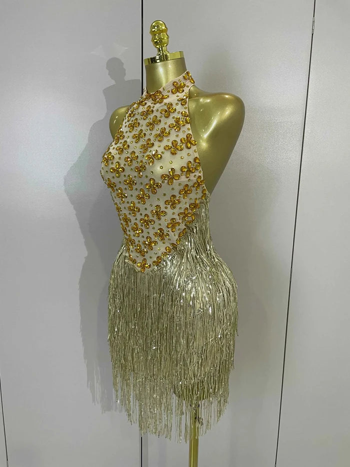 Aaliyah Gold Diamond Mesh Tassel Bodycon Mini Dress