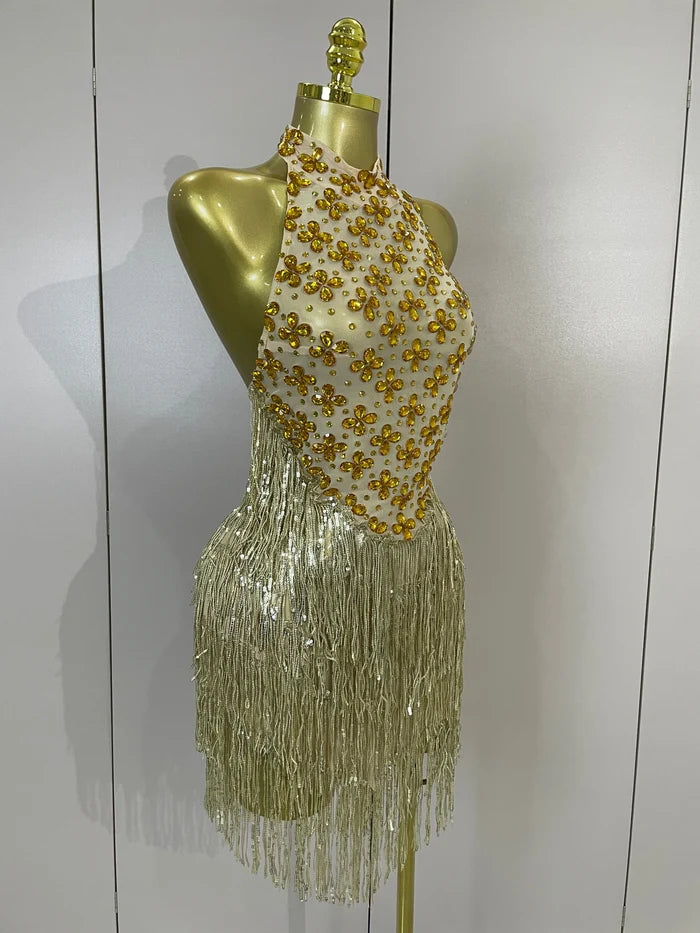 Aaliyah gold diamond mesh see-through tassel bodycon mini dress for night-out glam styling