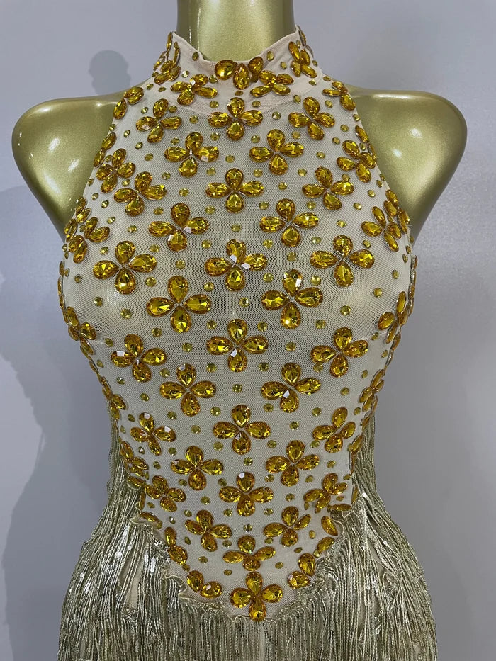 Aaliyah gold diamond mesh see-through tassel bodycon mini dress for night-out glam styling