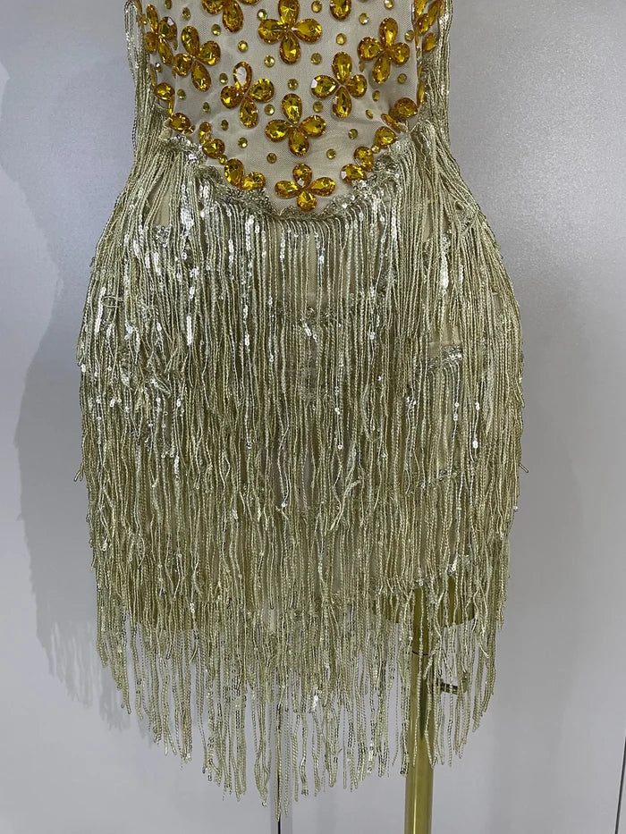 Aaliyah gold diamond mesh see-through tassel bodycon mini dress for night-out glam styling