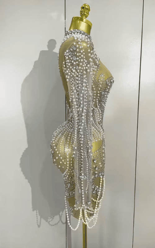 Abi luxury diamond pearl mesh mini dress for women. Elegant stretch party dress for prom, birthdays, and evening celebrations.