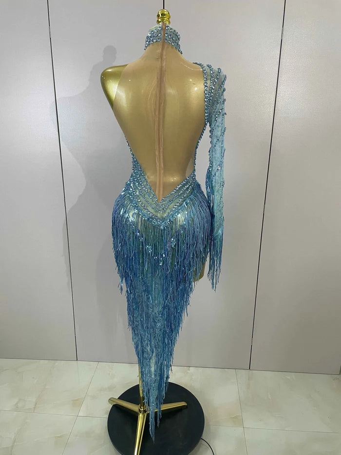 Ailanny  Sparkly Diamond Blue Rhinestone Mesh One Shoulder Tassel Dress