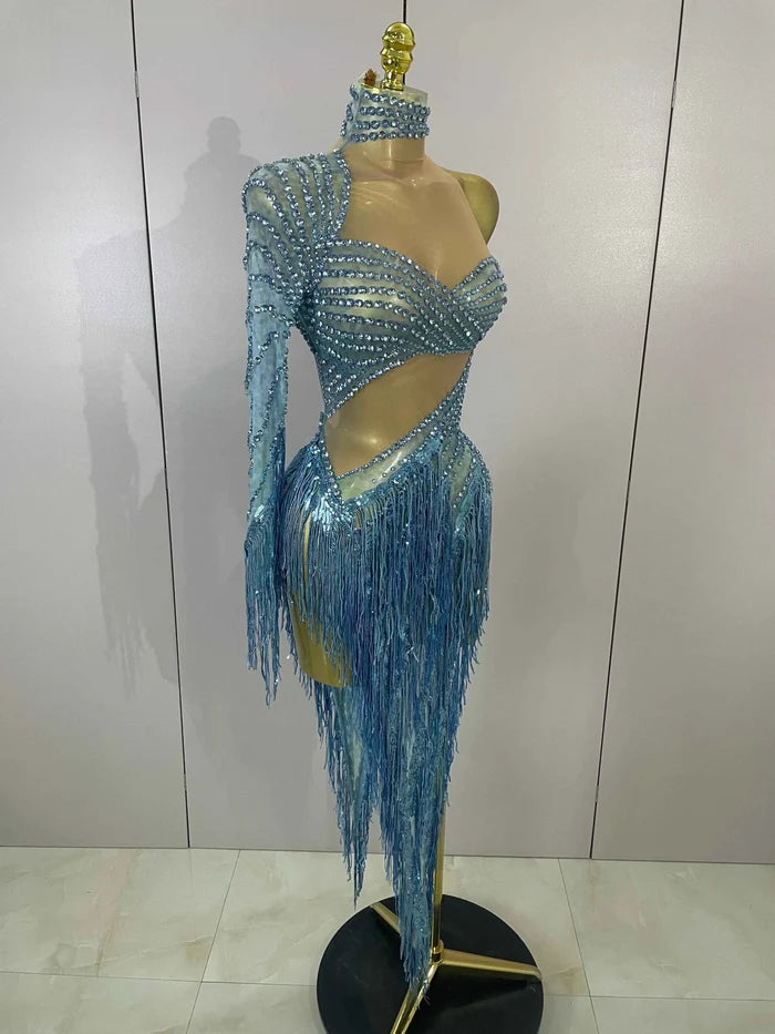 Ailanny  Sparkly Diamond Blue Rhinestone Mesh One Shoulder Tassel Dress