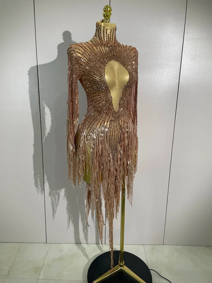Aimee sexy sheer mesh long sleeve sparkly rhinestone sequin tassel dress