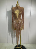Aimee sexy sheer mesh long sleeve sparkly rhinestone sequin tassel dress