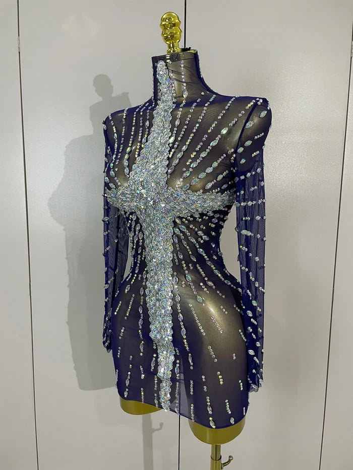 Ajay sheer mesh see-through sparkling diamond sequin long sleeve mini dress for women party night out