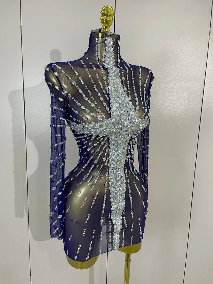 Ajay sheer mesh see-through sparkling diamond sequin long sleeve mini dress for women party night out