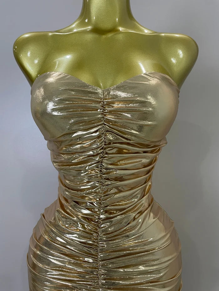 Alana gold strapless ruched backless maxi gown for women. Elegant dress for weddings, prom, birthdays, and evening parties.