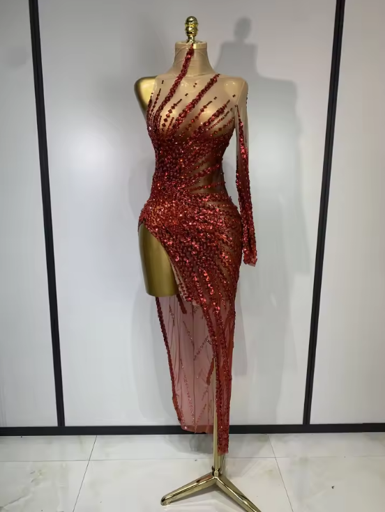 Alice red mesh mini dress with see-through fabric, sparkly diamonds, and sequins for a luxury birthday outfit.