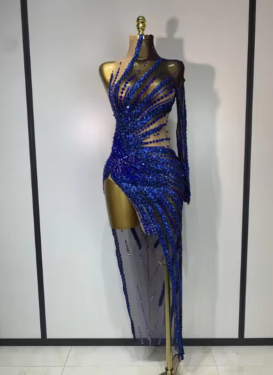 Alice red mesh mini dress with see-through fabric, sparkly diamonds, and sequins for a luxury birthday outfit.