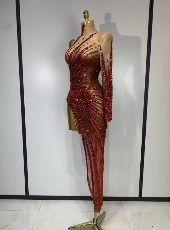 Alice red mesh mini dress with see-through fabric, sparkly diamonds, and sequins for a luxury birthday outfit.