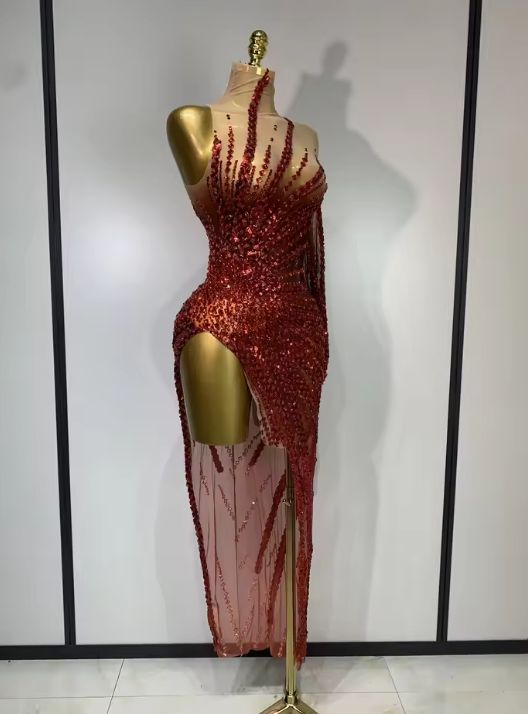 Alice red mesh mini dress with see-through fabric, sparkly diamonds, and sequins for a luxury birthday outfit.