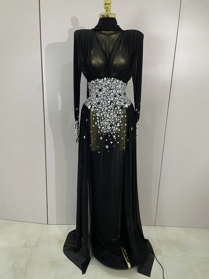 Alie elegant sparkly diamond long sleeve mesh see-through maxi abaya party dress
