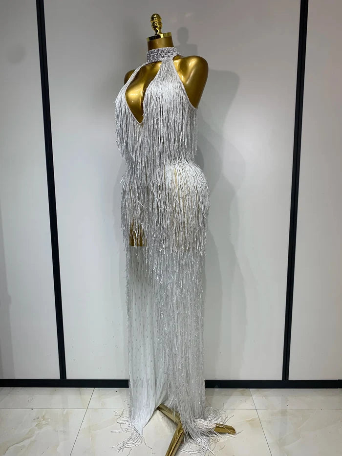 Allison elegant sexy shiny crystal tassel long dress