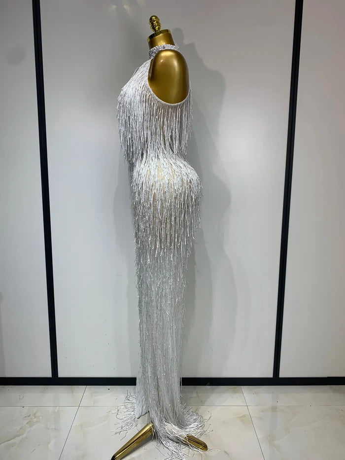 Allison elegant sexy shiny crystal tassel long dress