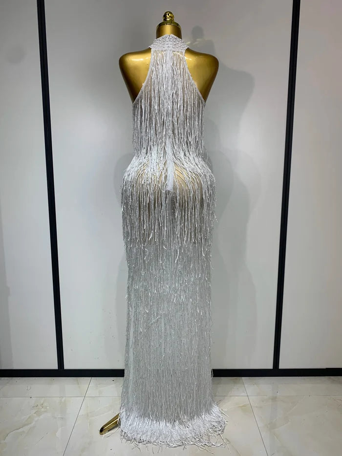 Allison elegant sexy shiny crystal tassel long dress