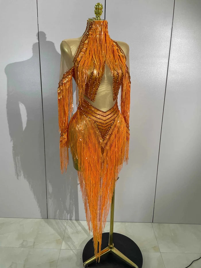 Almira Orange Diamond Tassel Mesh Dance Dress