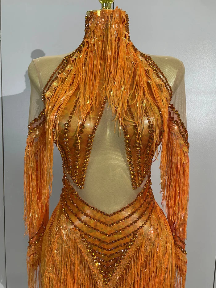 Almira orange diamond tassel mesh dance dress for women. Sexy stage outfit for Latin dance, nightclub, and party events.