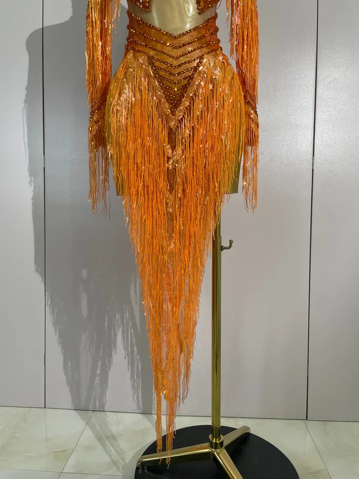 Almira orange diamond tassel mesh dance dress for women. Sexy stage outfit for Latin dance, nightclub, and party events.