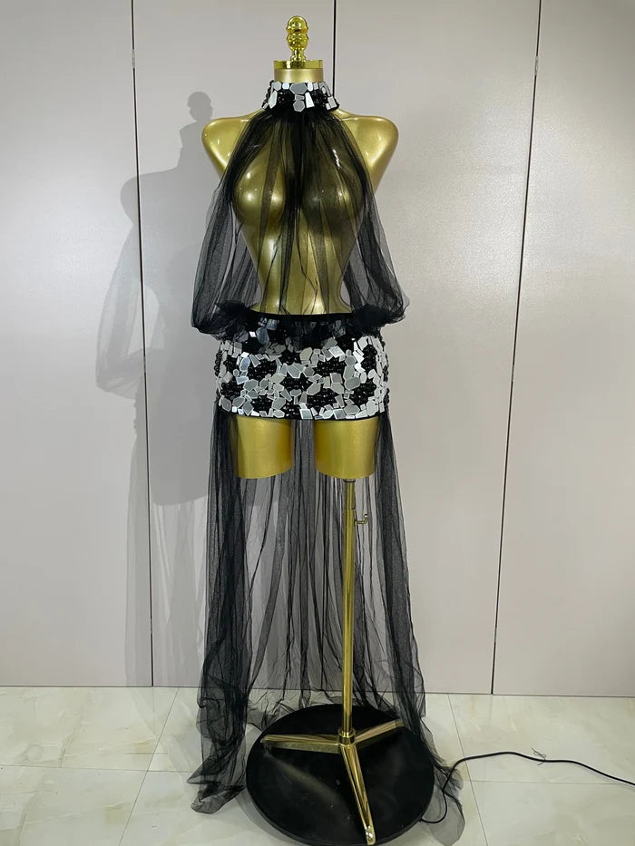 Make a grand entrance in the Almira rhinestone pearl mirror mesh long-tail dress. Luxury sheer gown for parties, stage, and special events.