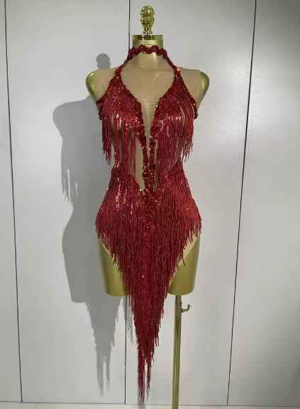 Alyson sexy Latin dance sheer mesh dress with sequins and fringe