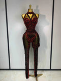 Amanda Backless Red Rhinestone Black Mesh Bodycon Jumpsuit