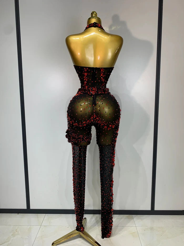 Turn heads in the Amanda backless red rhinestone black mesh jumpsuit. Sparkly bodycon outfit for stage performances, parties, and birthdays.