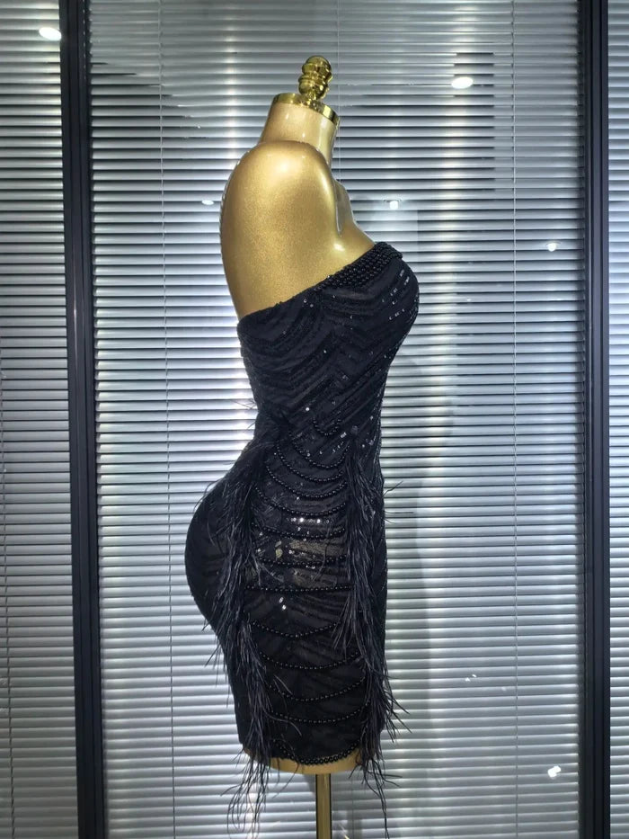 Amara sequin feather strapless bodycon mini dress for nightclub and birthday party styling