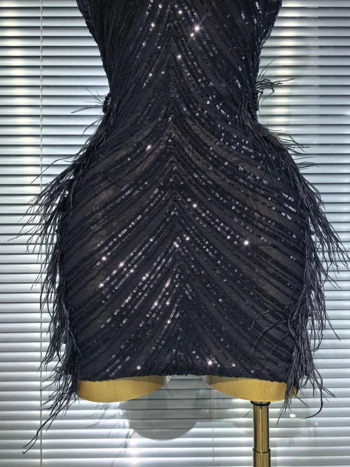 Amara sequin feather strapless bodycon mini dress for nightclub and birthday party styling
