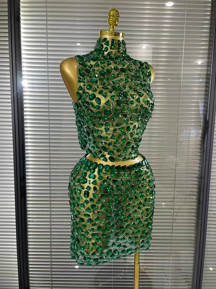 Amber crystal mesh two piece bodycon mini dress set for women. Sexy outfit for nightlife, stage wear, and party events.