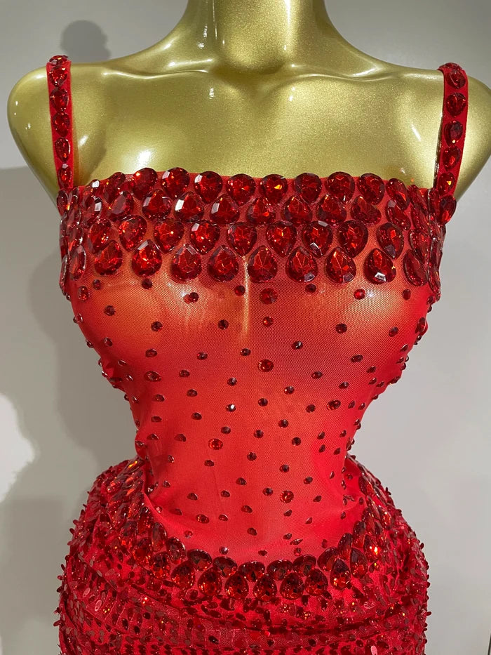sparkly red rhinestone sequin 2-piece long dress, perfect for stage, birthday celebrations, and glamorous evening events.