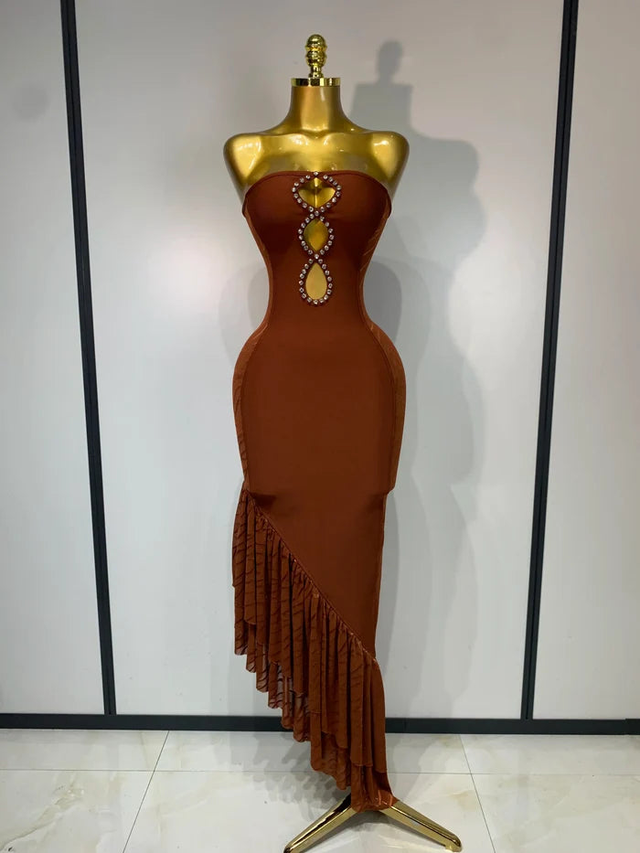 Angela strapless rhinestone cut out bandage dress for women. Sexy luxury bodycon outfit for birthdays, prom, parties, and evening events.