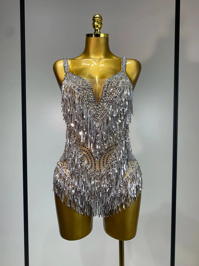 Anne sparkly rhinestones sequins tassel see through bodysuit
