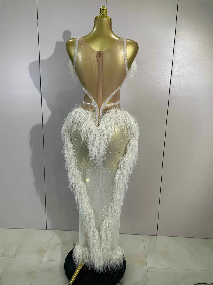 April Sparkly Diamonds Tassel Mesh Transparent Long Dress