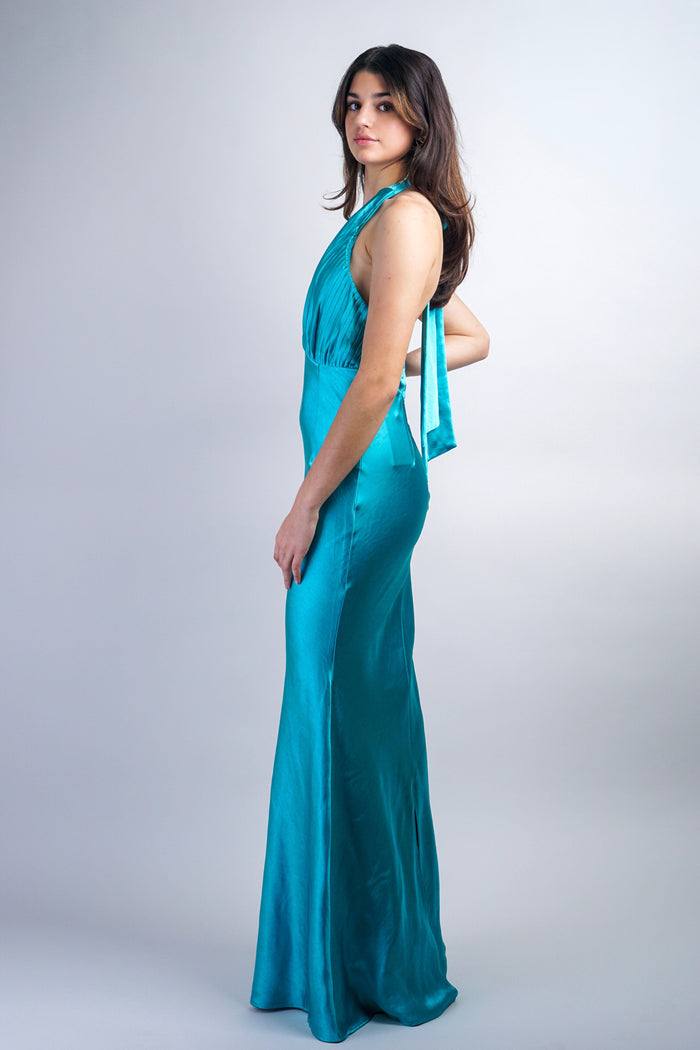 Private Label DRESSES Aqua Blue Halter Pleated Gown