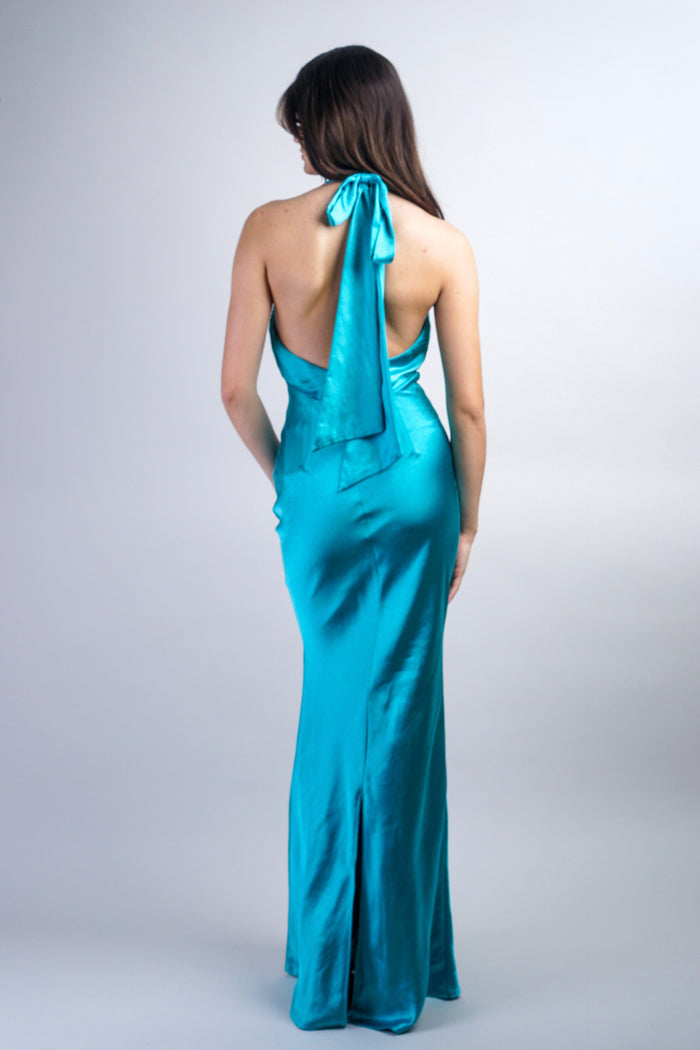 Private Label DRESSES Aqua Blue Halter Pleated Gown
