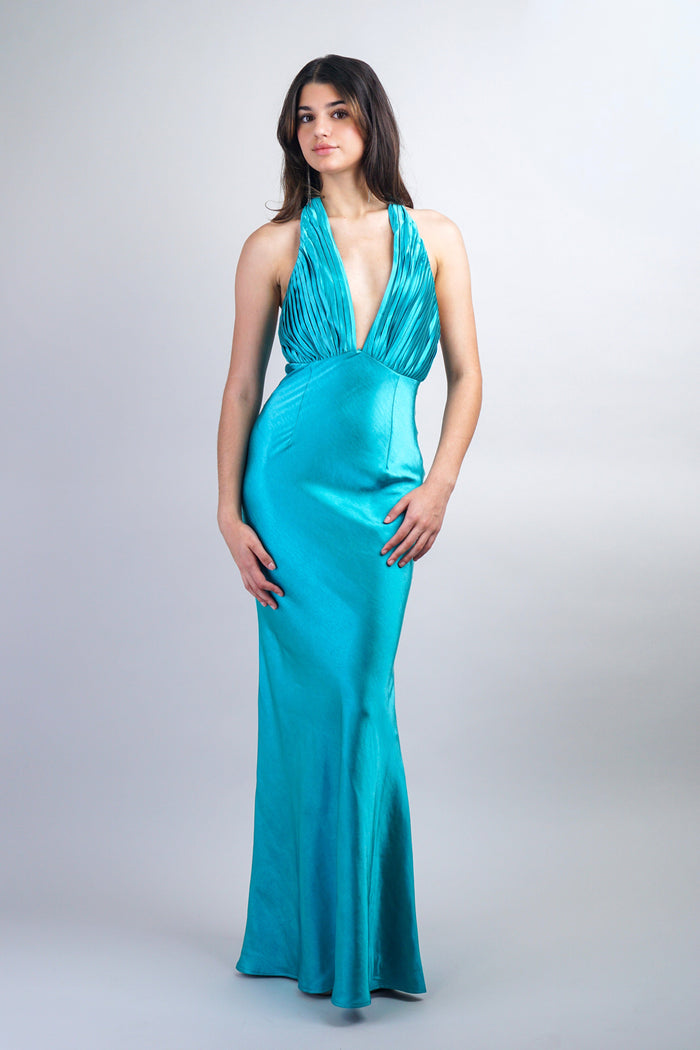 Private Label DRESSES Aqua Blue Halter Pleated Gown