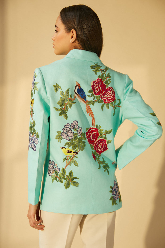 Aqua Box Jacket With Oriental Embroidery