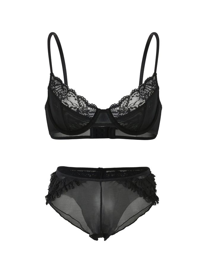 Introducing the ARA SET - BLACK from TIGERMIST: a black lace lingerie ensemble showcasing a sheer underwire bra with adjustable straps, complemented by mid-rise panties. Both pieces are elegantly adorned with delicate lace detailing and photographed against a plain white background.