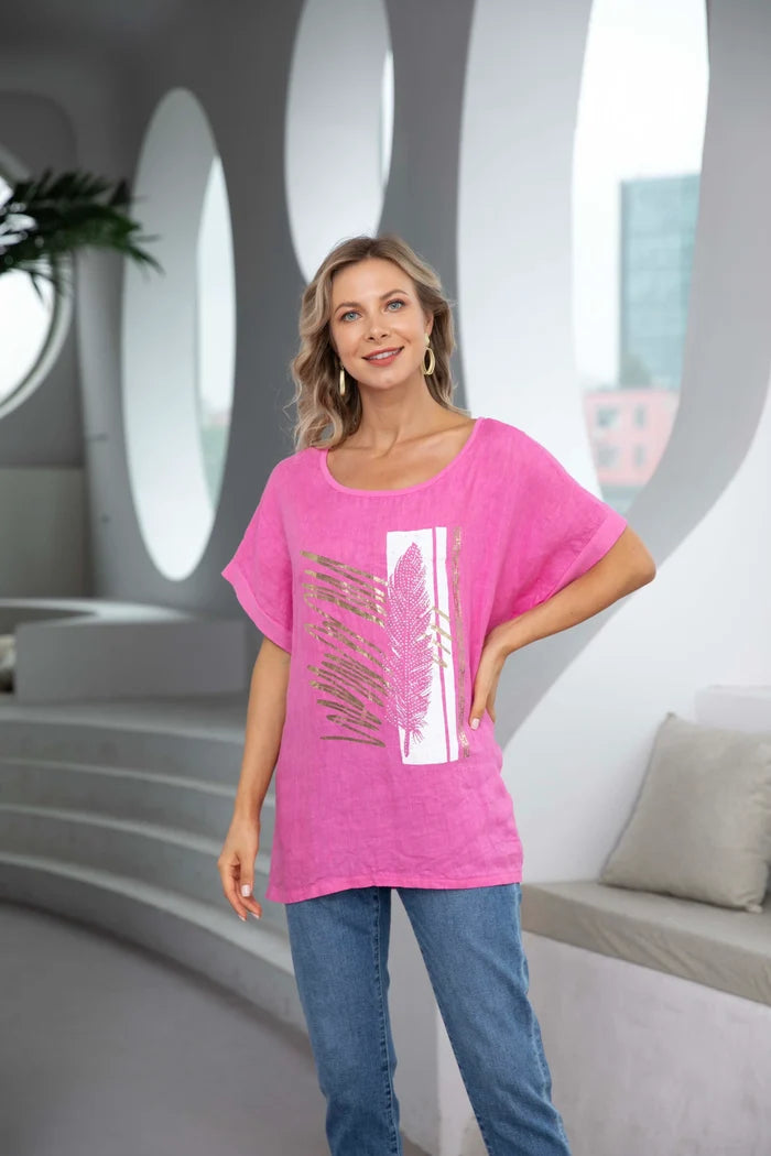Ariana's Graphic linen Top with Leaves - 2 colors