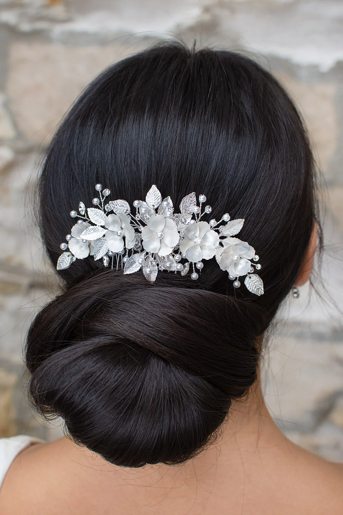 Ava Floral Hair Comb Silver White - Jewellery - Windsor Bridal Jewellery