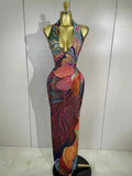 Aviana Colorful Halter Rhinestone Print Long Dress