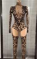 Azi leopard print rhinestone two piece performance outfit for women. Sexy clubwear for stage, DJ sets, and nightlife events.