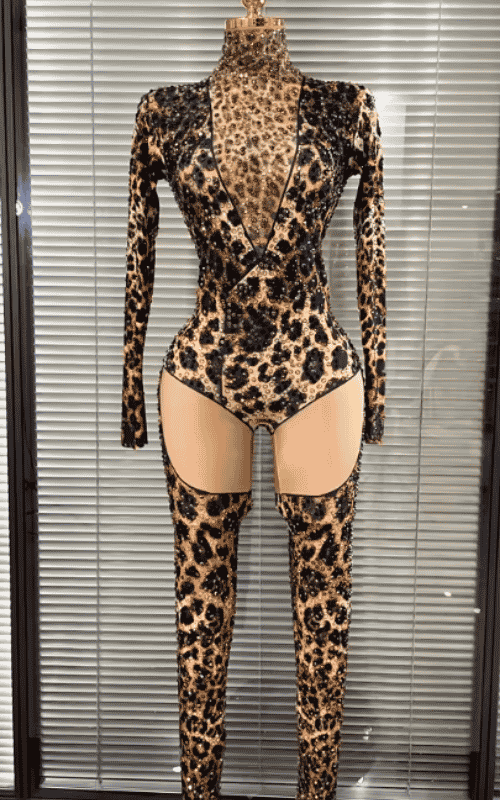 Azi leopard print rhinestone two piece performance outfit for women. Sexy clubwear for stage, DJ sets, and nightlife events.