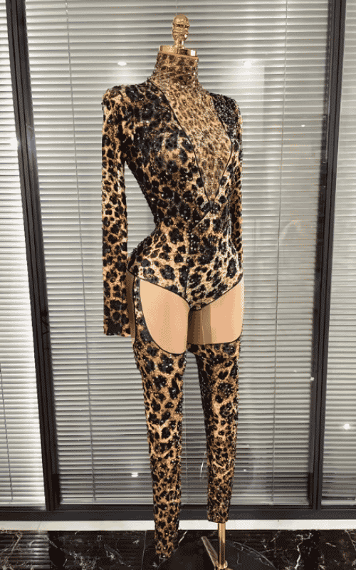 Azi leopard print rhinestone two piece performance outfit for women. Sexy clubwear for stage, DJ sets, and nightlife events.