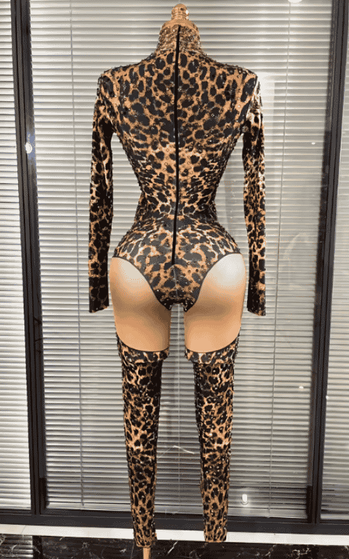 Azi leopard print rhinestone two piece performance outfit for women. Sexy clubwear for stage, DJ sets, and nightlife events.