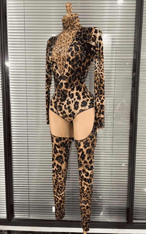 Azi leopard print rhinestone two piece performance outfit for women. Sexy clubwear for stage, DJ sets, and nightlife events.
