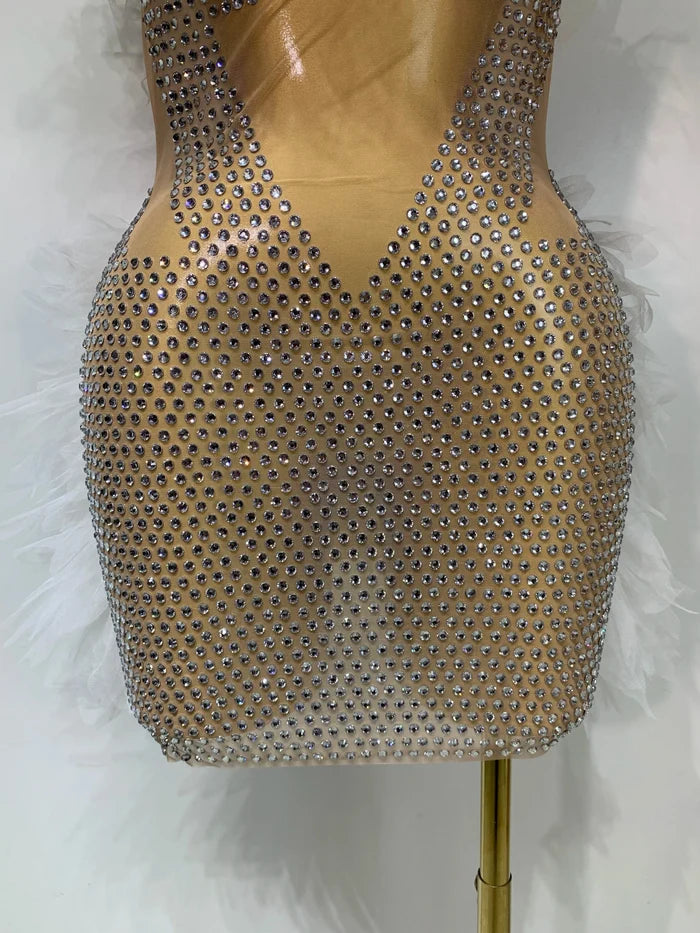 Azi off shoulder mesh mini dress with sheer bodycon fit. Sexy elegant outfit for birthdays, parties, nightclubs, and stage performances.
