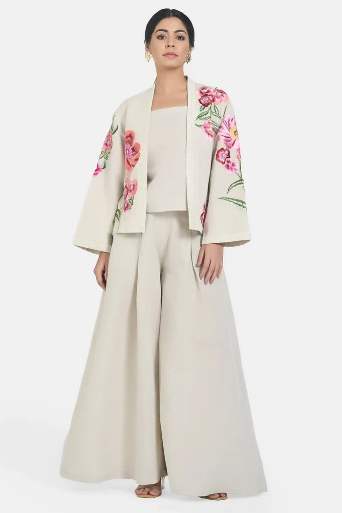 Beige Linen Embroidery Floral Jacket Set